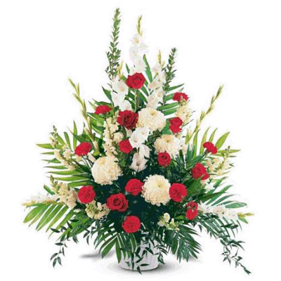 send 10 White Gladiolli and Red Roses Basket to nanded