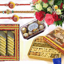 fererro rocher, kaju katli, mixed flowers and dryfruits with rakhi