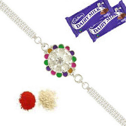 silver rakhi and chocolates for brother